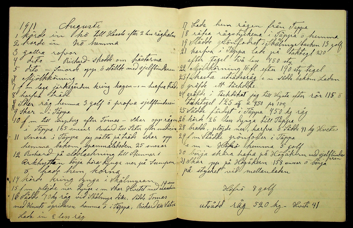 Dagbok år 1911 efter Hemmansägare Sigge Johan Gustaf Eriksson i Översätra, Stora Skedvi socken.
