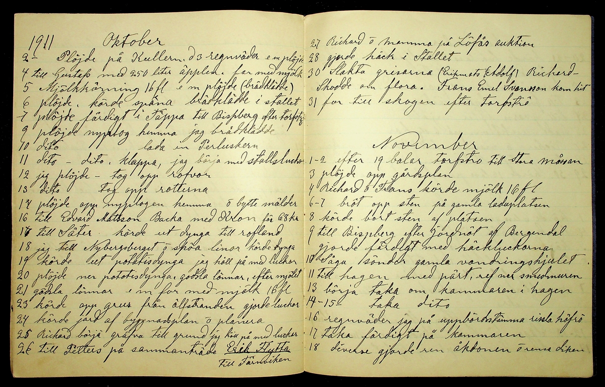 Dagbok år 1911 efter Hemmansägare Sigge Johan Gustaf Eriksson i Översätra, Stora Skedvi socken.
