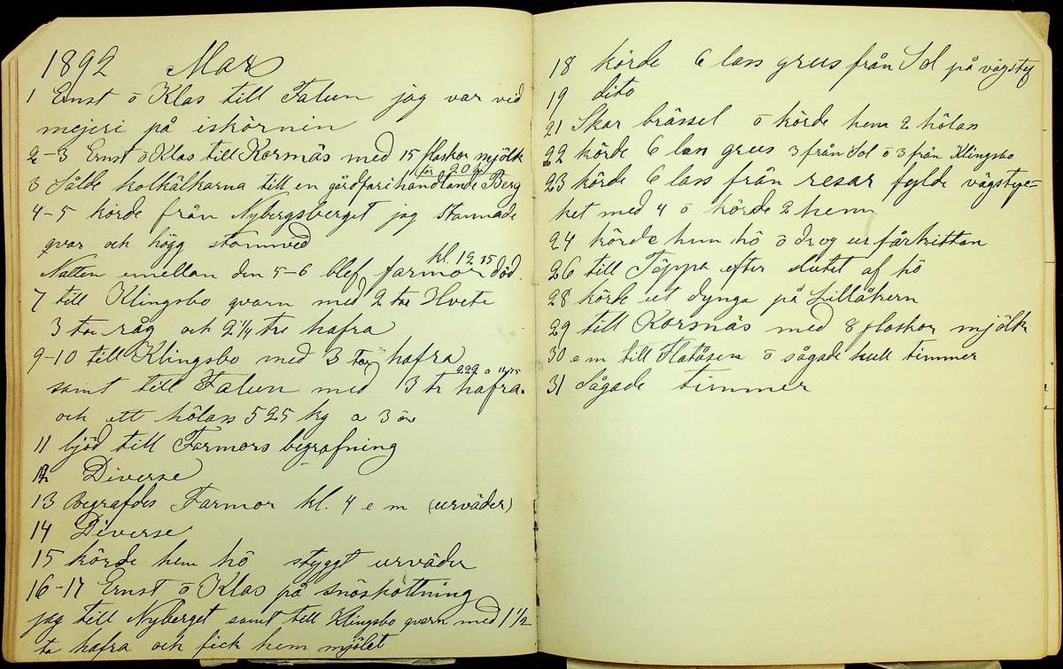 Dagbok åren 1889-1894 efter Hemmansägare Sigge Johan Gustaf Eriksson i Översätra, Stora Skedvi socken.