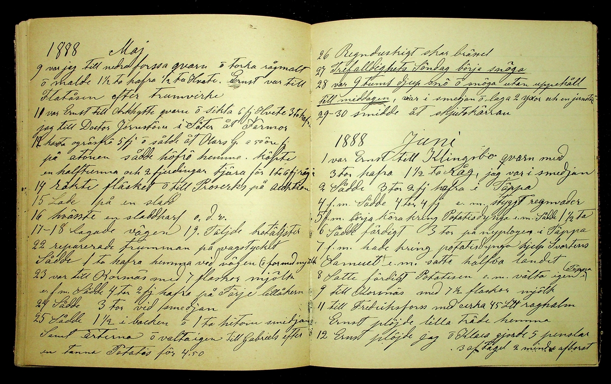 Dagbok åren 1885-1888 efter Hemmansägare Sigge Johan Gustaf Eriksson i Översätra, Stora Skedvi socken.