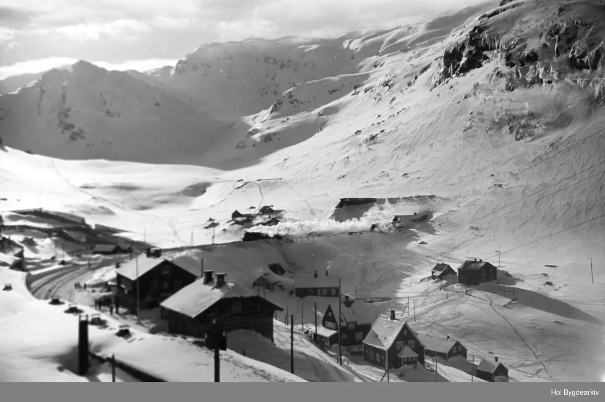 Jernbanestasjon, Myrdal, damplokomotiv, NSB, vinter, bygningar,