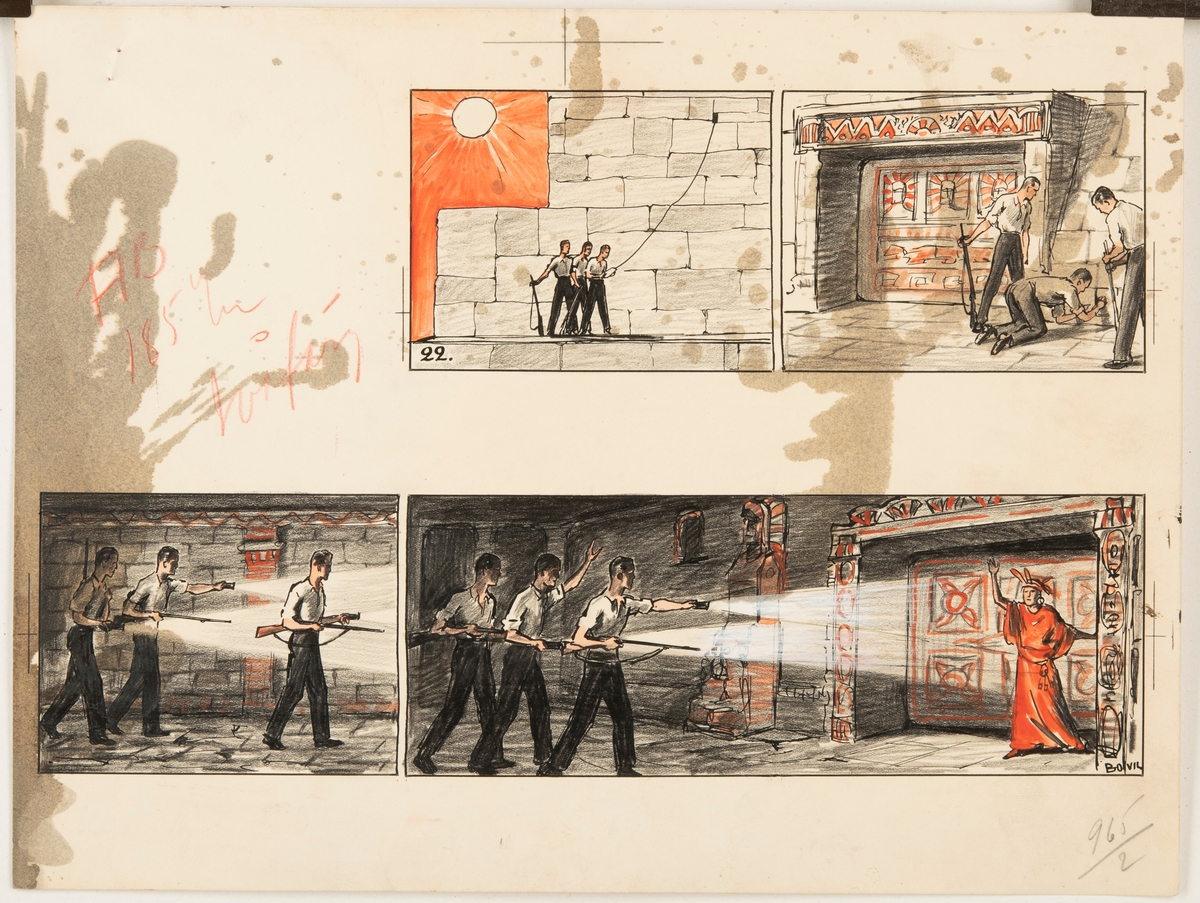 Sida ur den tecknade serien om när Flygkamraterna åker till Inkariket och är med om flera spännande äventyr. I de sista delarna hittar de en skatt med en magisk kula.
Varje sida är uppbyggd av 4-8 bildrutor med teckningar i svart, vitt och rött. Stilen är enklare och bilderna mer avskalade än de senare delarna av serien om flygkamraterna.