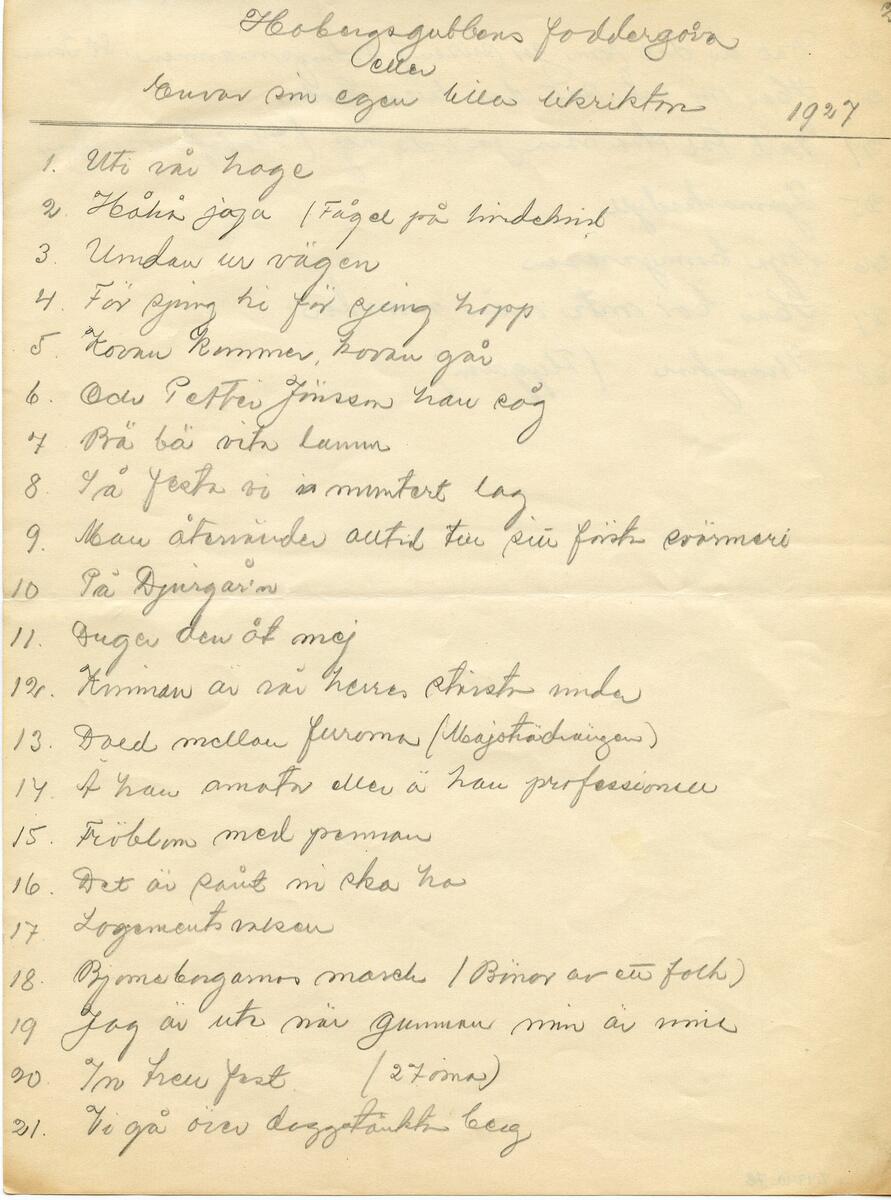 Nothäfte, 2 st. Det första med titel: Alte Kameraden Marsch für Pianoforte. Kompositör: C. Teike. Det andra häftet är handskrivet, med olika kompositioner märkta med akt och titel. Häftena ligger dubbelvikta ihop. Del av samling material från Visbyrevyn på Gotland, bl.a. manuskript, noter, sångtexter, program, affischer och dokument. Till samlingen hör även foton, förvaras i arkivet. Funna av donatorn vid röjningen av en släktings hem. Förvaras i arkivboxar samt trälåda.