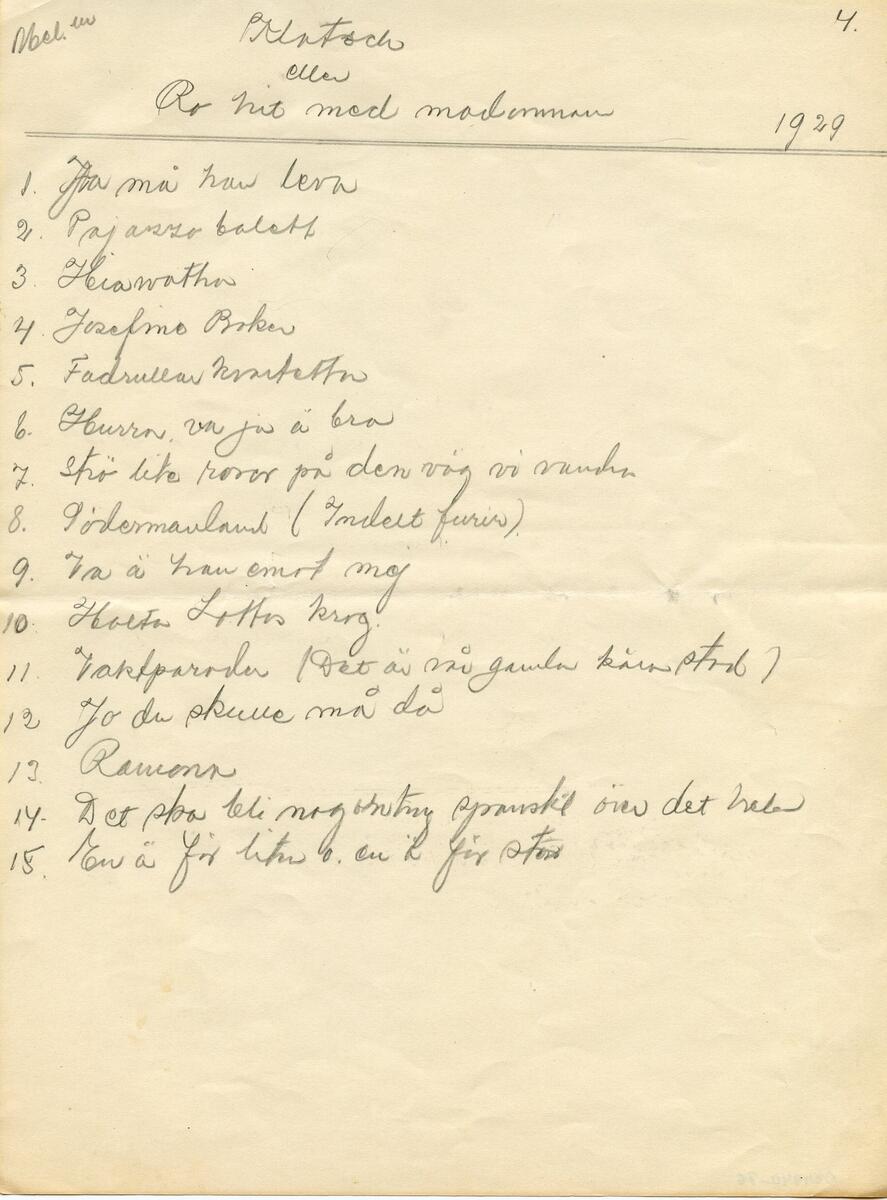Nothäfte, 2 st. Det första med titel: Alte Kameraden Marsch für Pianoforte. Kompositör: C. Teike. Det andra häftet är handskrivet, med olika kompositioner märkta med akt och titel. Häftena ligger dubbelvikta ihop. Del av samling material från Visbyrevyn på Gotland, bl.a. manuskript, noter, sångtexter, program, affischer och dokument. Till samlingen hör även foton, förvaras i arkivet. Funna av donatorn vid röjningen av en släktings hem. Förvaras i arkivboxar samt trälåda.