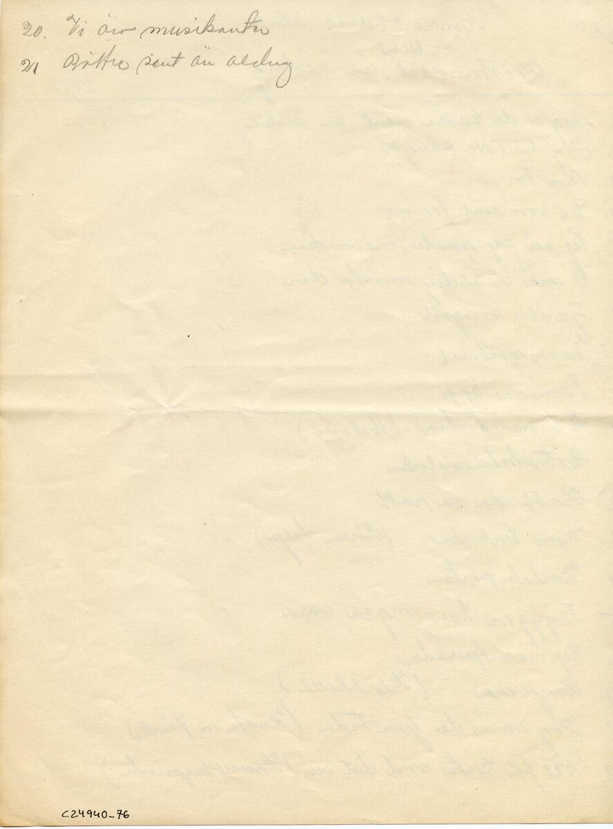 Nothäfte, 2 st. Det första med titel: Alte Kameraden Marsch für Pianoforte. Kompositör: C. Teike. Det andra häftet är handskrivet, med olika kompositioner märkta med akt och titel. Häftena ligger dubbelvikta ihop. Del av samling material från Visbyrevyn på Gotland, bl.a. manuskript, noter, sångtexter, program, affischer och dokument. Till samlingen hör även foton, förvaras i arkivet. Funna av donatorn vid röjningen av en släktings hem. Förvaras i arkivboxar samt trälåda.