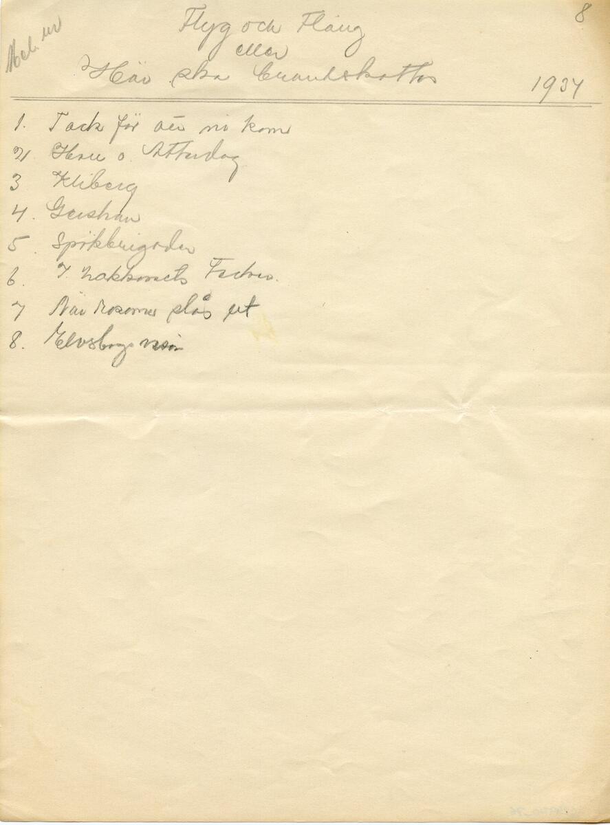 Nothäfte, 2 st. Det första med titel: Alte Kameraden Marsch für Pianoforte. Kompositör: C. Teike. Det andra häftet är handskrivet, med olika kompositioner märkta med akt och titel. Häftena ligger dubbelvikta ihop. Del av samling material från Visbyrevyn på Gotland, bl.a. manuskript, noter, sångtexter, program, affischer och dokument. Till samlingen hör även foton, förvaras i arkivet. Funna av donatorn vid röjningen av en släktings hem. Förvaras i arkivboxar samt trälåda.