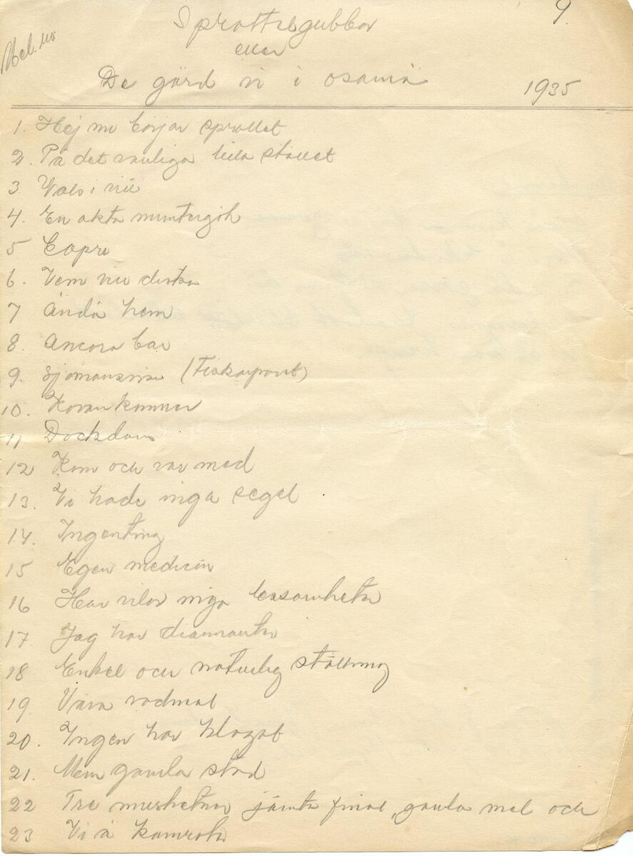 Nothäfte, 2 st. Det första med titel: Alte Kameraden Marsch für Pianoforte. Kompositör: C. Teike. Det andra häftet är handskrivet, med olika kompositioner märkta med akt och titel. Häftena ligger dubbelvikta ihop. Del av samling material från Visbyrevyn på Gotland, bl.a. manuskript, noter, sångtexter, program, affischer och dokument. Till samlingen hör även foton, förvaras i arkivet. Funna av donatorn vid röjningen av en släktings hem. Förvaras i arkivboxar samt trälåda.