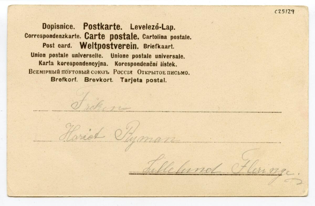 Vykort med bild av ett rött hjärta mot grå bakgrund. Inuti hjärtat ett fotografi av ett par, där kvinnan lägger armen om mannens axlar. Text under bilden skriven i blyerts: "Må så gott och ha så roligt Älskade skolkamrat. Tack för lån för Historia(?). Wänligen av (en?) Anna(?)". Handstilen något svårtydd.

På baksidan endast adressfält. Adresserat till "Fröken Harriet Ryman", ortnamn något svårtytt, men "Fleringe" kan utläsas.