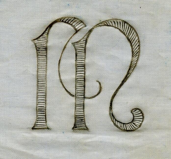 Broderimönster, ljusblått/grått papper, 11 st. i olika storlekar. Okänd ålder. Motiv: olika monogram; "M" och "MG" i olika varianter och konstellationer. Papperna något nötta, en del med permanenta veck efter att ha legat vikta under lång tid. Del av en samling textilmönster från samma donation, förvaras i en mapp (C25324_1).