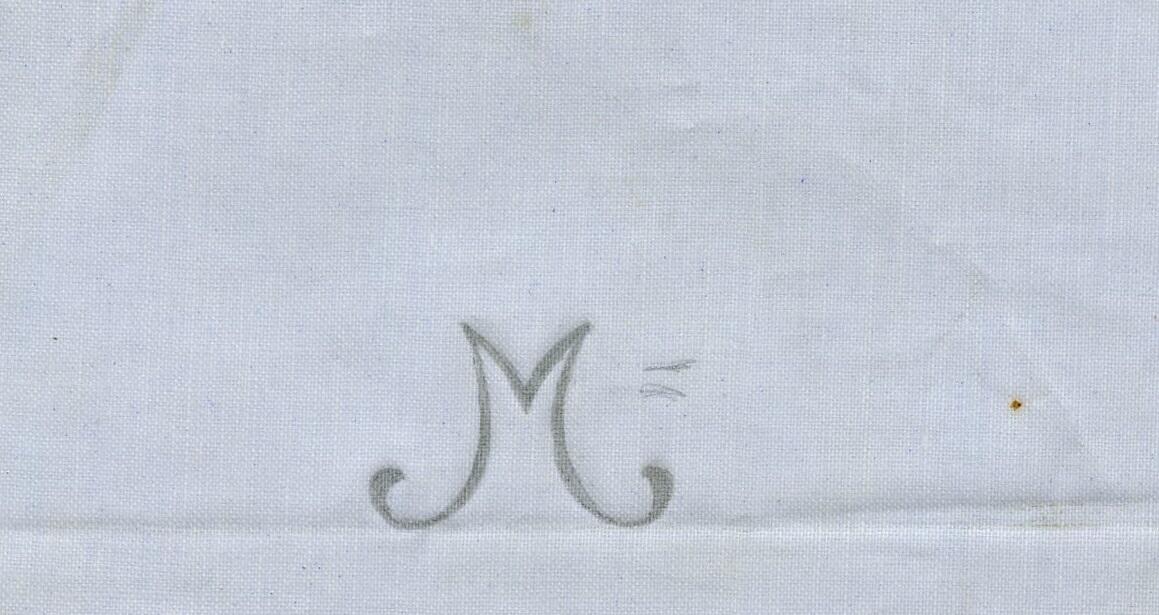 Broderimönster, ljusblått/grått papper, 11 st. i olika storlekar. Okänd ålder. Motiv: olika monogram; "M" och "MG" i olika varianter och konstellationer. Papperna något nötta, en del med permanenta veck efter att ha legat vikta under lång tid. Del av en samling textilmönster från samma donation, förvaras i en mapp (C25324_1).