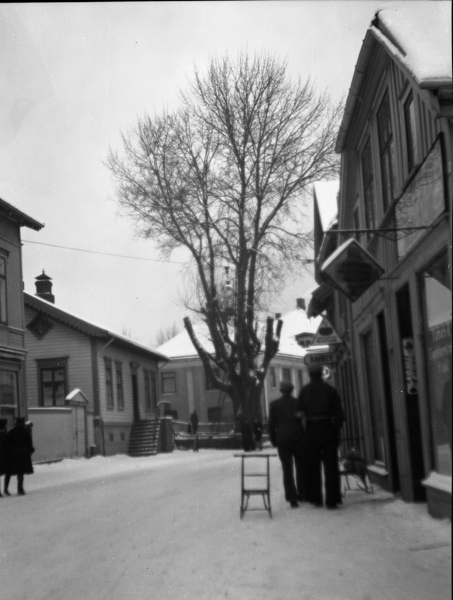 Foto av Storgata i Porsgrunn, ved Tollefsens hus. Vinter med sparkstøtting i gata.

Fotosamling etter fotograf og kringkastingsmann Rikard W. Larsson (31.12.1924 - 08.06.2015).