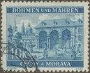 Frimärke ur Gösta Bodmans filatelistiska motivsamling, påbörjad 1950.
Frimärke från Böhmen o. Mähren, 1940. Motiv av Wallensteinska Palatset Prag