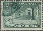 Frimärke ur Gösta Bodmans filatelistiska motivsamling, påbörjad 1950.
Frimärke från Finland, 1948. Motiv av slottet Sveaborg Staden 200 år 1748-1948