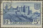 Frimärke ur Gösta Bodmans filatelistiska motivsamling, påbörjad 1950.
Frimärke från Frankrike, 1938. Motiv av Slottet och fästet Carcassonne