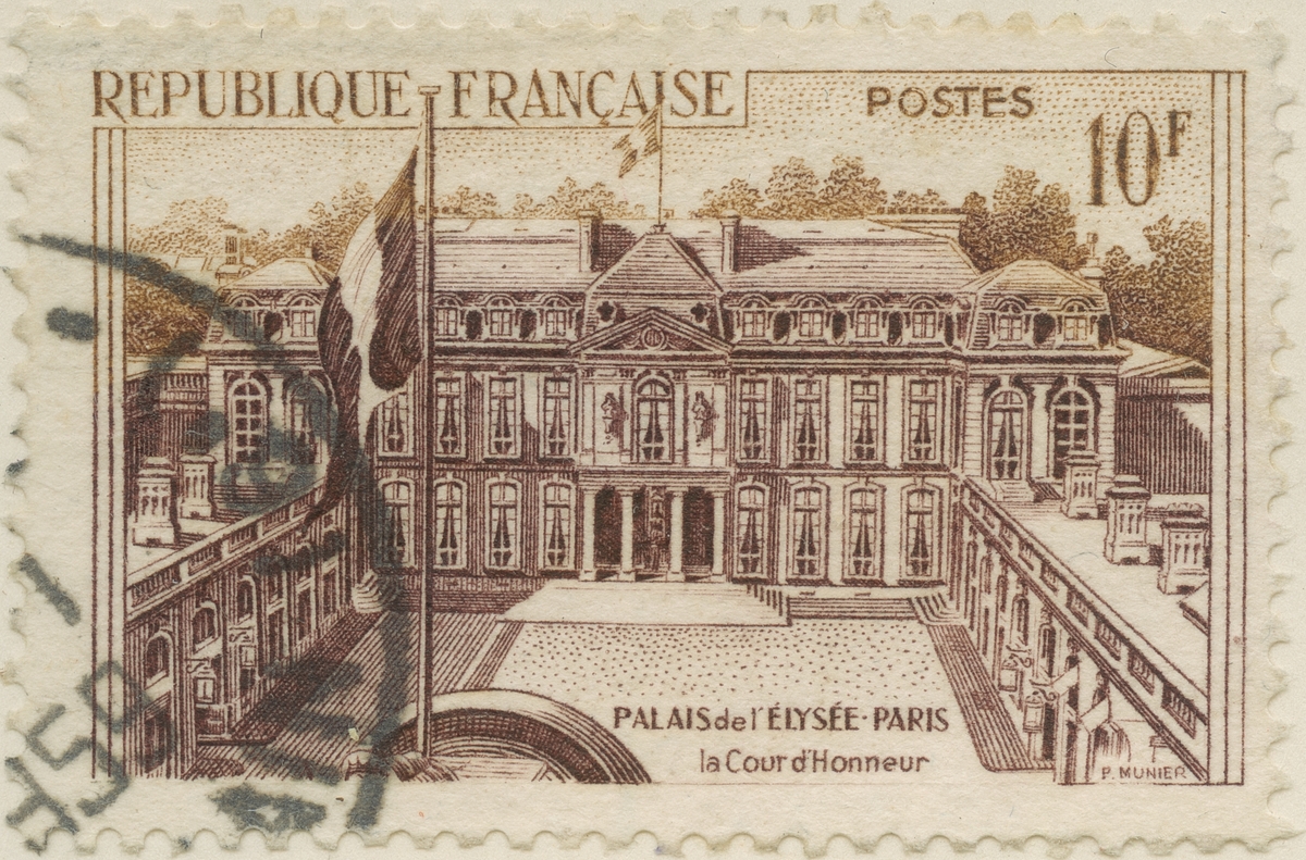 Frimärke ur Gösta Bodmans filatelistiska motivsamling, påbörjad 1950.
Frimärke från Frankrike, 1957. Motiv av Elysée Palatset i Paris "Hedersingången"