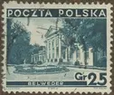Frimärke ur Gösta Bodmans filatelistiska motivsamling, påbörjad 1950.
Frimärke från Polen, 1935. Motiv av Slottet Belveder Varsovie (Warschau)