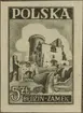 Frimärke ur Gösta Bodmans filatelistiska motivsamling, påbörjad 1950.
Frimärke från Polen, 1946. Motiv av Slottet Bedzin- Zamek i Polen