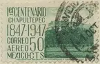 Frimärke ur Gösta Bodmans filatelistiska motivsamling, påbörjad 1950.
Frimärke från Mexico, 1947. Motiv av Slottet Chapultepec 100-årsjubileum Flygpost 1847-1947.