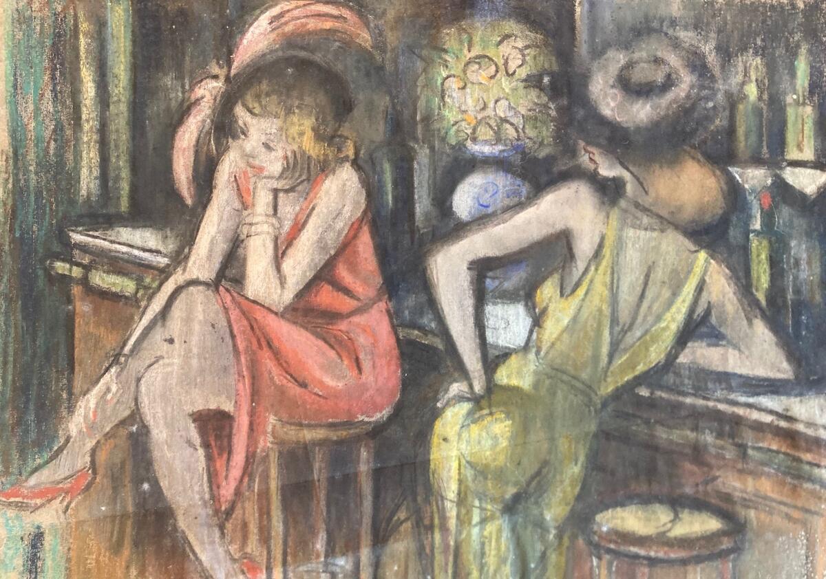 Pastelltegning fra midten av 1920-tallet det to pent kledde damer henger ved en bar
