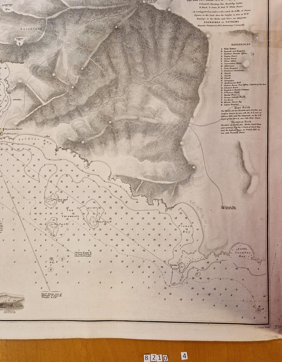 Sjökort. West Indies. Virgin Islands. Harbour of s:t Thomas. Surveyed by Lieutenant G.B. Lawrance. R.N. 1851. Published according to Act of Parliament at the Hydrographic Office of the Admiralty, June 7th 1853. Corrections to 1861. April 64. June 73. Sold by J.D. Potter. Agent for the Admiralty Charts, 31 Poultry. Nr 2183. Tidigare ägare: N.V. Hagelin. Gåva av fröken Maria Hagelin.