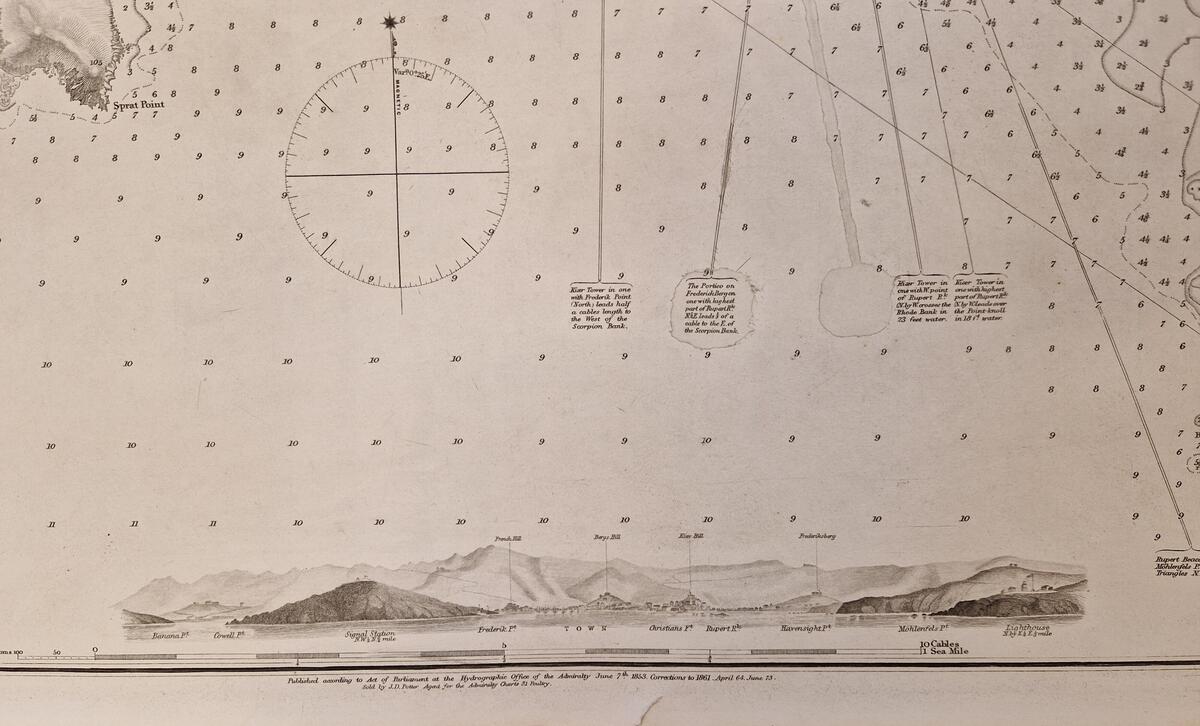 Sjökort. West Indies. Virgin Islands. Harbour of s:t Thomas. Surveyed by Lieutenant G.B. Lawrance. R.N. 1851. Published according to Act of Parliament at the Hydrographic Office of the Admiralty, June 7th 1853. Corrections to 1861. April 64. June 73. Sold by J.D. Potter. Agent for the Admiralty Charts, 31 Poultry. Nr 2183. Tidigare ägare: N.V. Hagelin. Gåva av fröken Maria Hagelin.