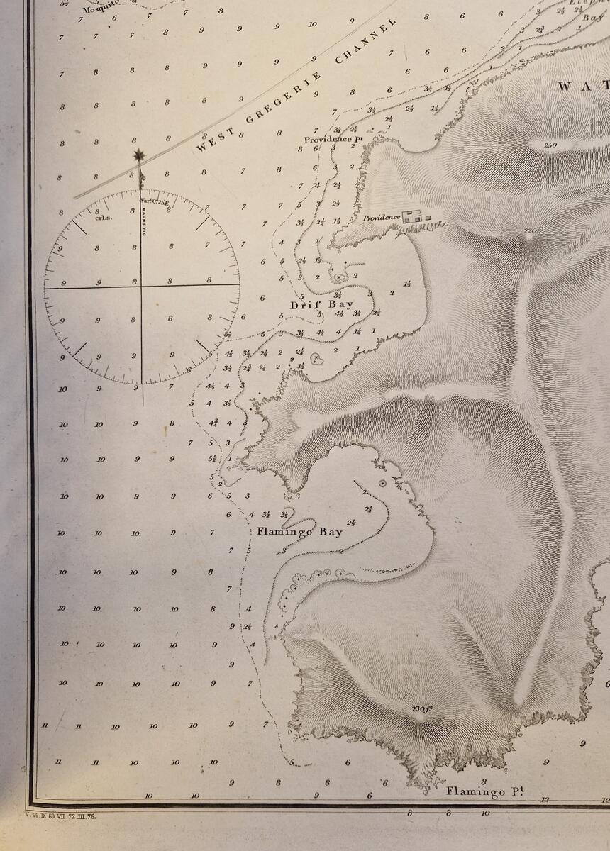 Sjökort. West Indies. Virgin Islands. Harbour of s:t Thomas. Surveyed by Lieutenant G.B. Lawrance. R.N. 1851. Published according to Act of Parliament at the Hydrographic Office of the Admiralty, June 7th 1853. Corrections to 1861. April 64. June 73. Sold by J.D. Potter. Agent for the Admiralty Charts, 31 Poultry. Nr 2183. Tidigare ägare: N.V. Hagelin. Gåva av fröken Maria Hagelin.