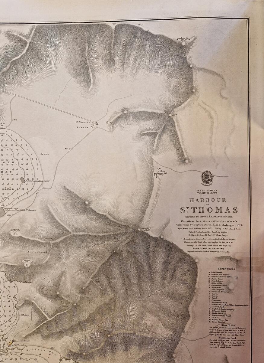 Sjökort. West Indies. Virgin Islands. Harbour of s:t Thomas. Surveyed by Lieutenant G.B. Lawrance. R.N. 1851. Published according to Act of Parliament at the Hydrographic Office of the Admiralty, June 7th 1853. Corrections to 1861. April 64. June 73. Sold by J.D. Potter. Agent for the Admiralty Charts, 31 Poultry. Nr 2183. Tidigare ägare: N.V. Hagelin. Gåva av fröken Maria Hagelin.