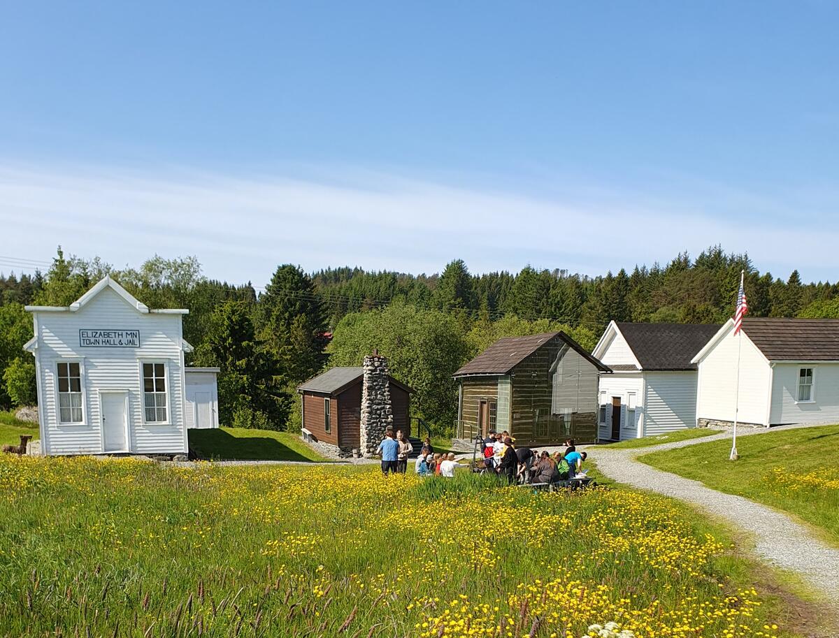 Prærielandsbyen i fint vær med sommerblomster