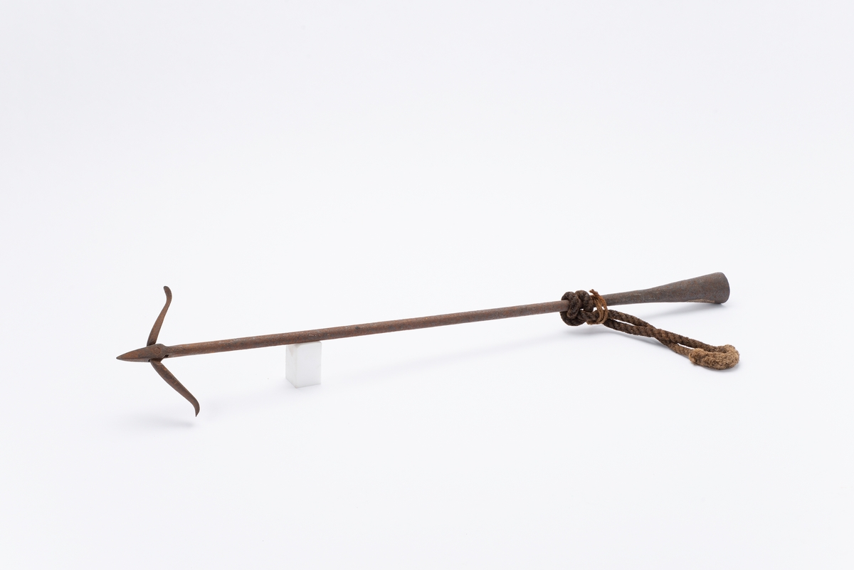 Størjeharpun med spiss og to mothaker 8,5 cm lange. Dette tyder på at det er en nyere modell, eldre utgaver hadde kun en mothake. Traktformet i enden. En tauløkke knyttet rundt traktdelen.