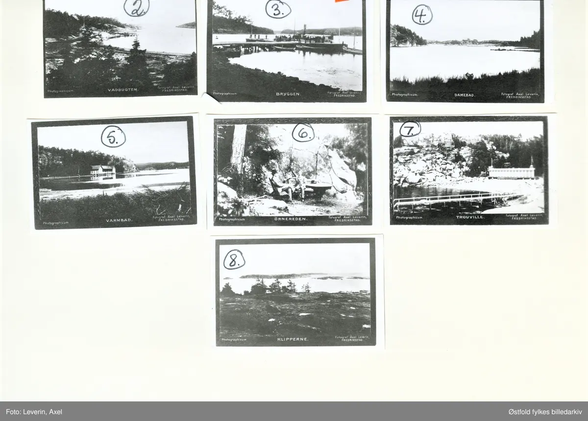 Hankø album "Photograficum" med 8 forskjellige fotografier 1900-1905 i Onsøy.

1. Til Vadbugten
2. Vadbugten
3. Bryggen
4. Damebad 
5. Varmbad
6. Ørnereden
7. Tronville
8. Klippene