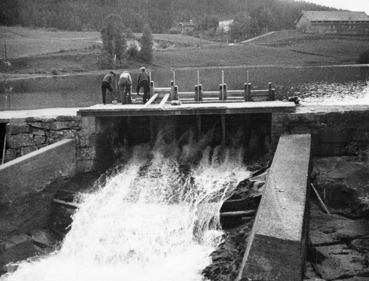 Fra Sandsdammen i Nord-Odal i Hedmark, ved Sandsfossen i Sollauståa, den korte elvestrekningen mellom Råsen og Sandsjøen, ei bukt i den nordvestre enden av Storsjøen. Dammen var dels tørrmurt av naturstein, dels betongstøpt. Også skådammene, ledeskjermene på sidene av damløpet var betongstøpte. Sandsdammen var en lukedam med seks luker, Da dette fotografiet ble tatt sto tre fløtere på dambrua ved ei av lukene. I lia i bakgrunnen ser vi tunet på garden Stein. Dette fotografiet ble tatt i 1936,