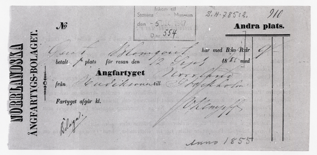 Biljett för resa Hudiksvall – Stockholm på ångfartyget NORRLAND, 1855.