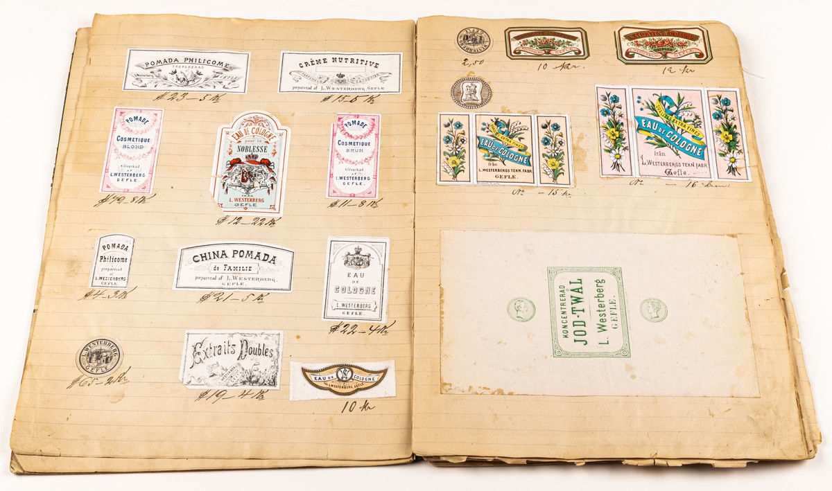 Bok med gröna pärmar och svart rygg. Innehåller en samling etiketter, främst från Gävleföretag, 1886.
