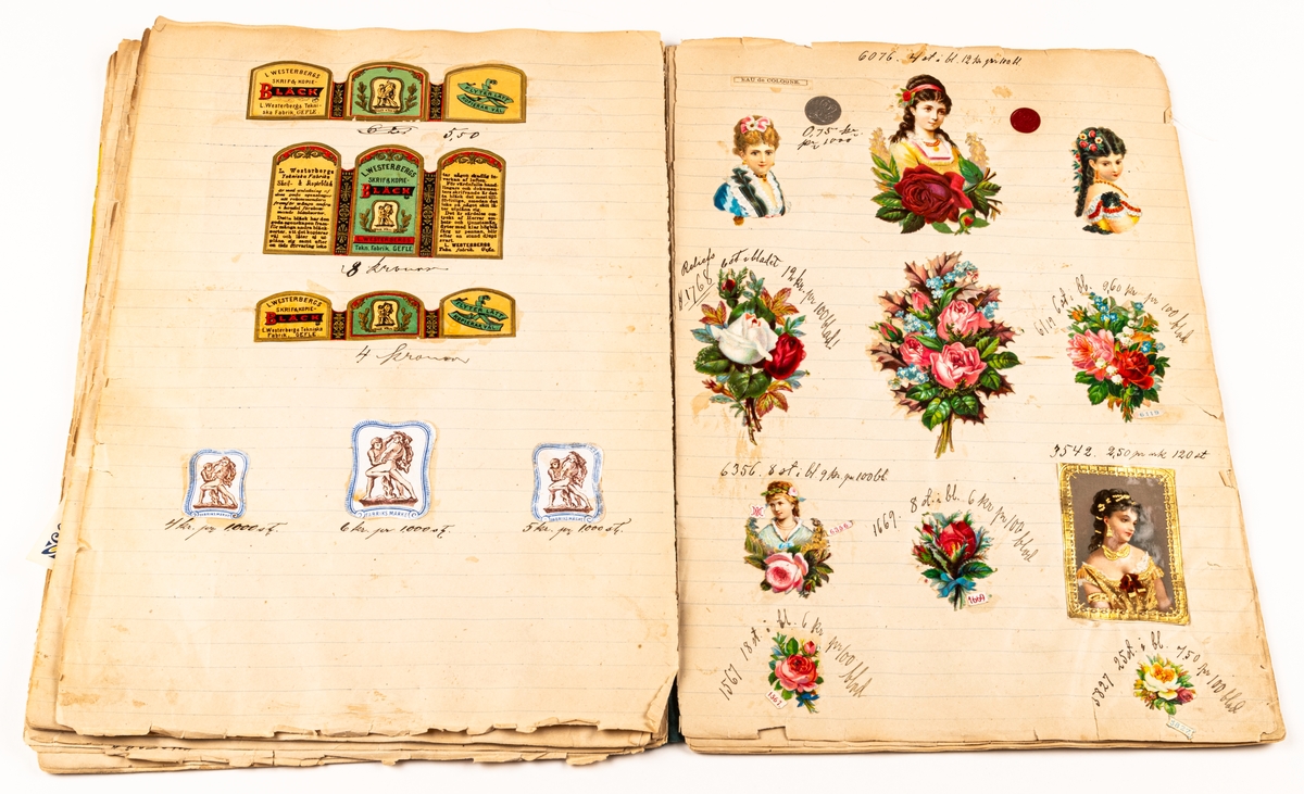 Bok med gröna pärmar och svart rygg. Innehåller en samling etiketter, främst från Gävleföretag, 1886.