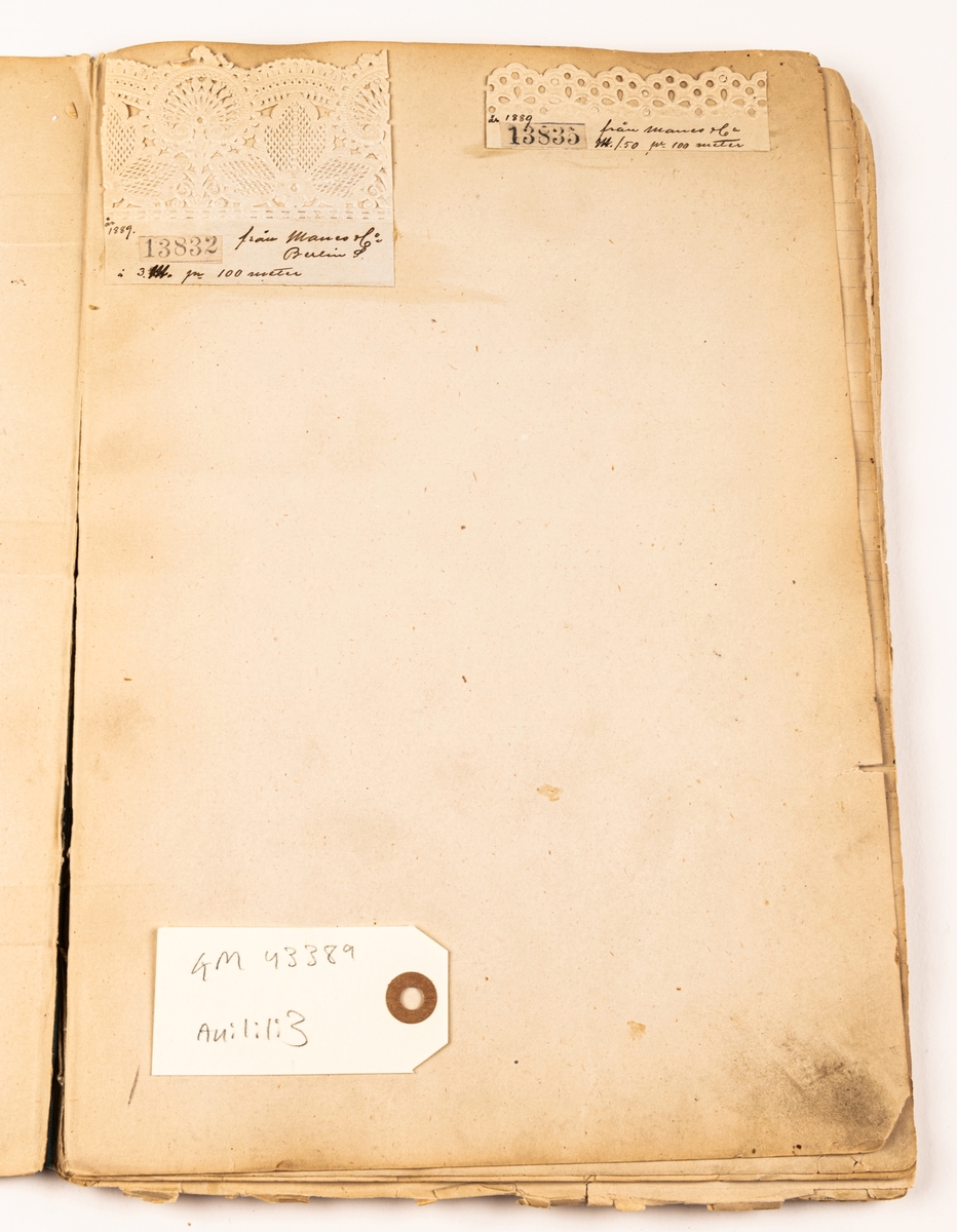 Bok med gröna pärmar och svart rygg. Innehåller en samling etiketter, främst från Gävleföretag, 1886.