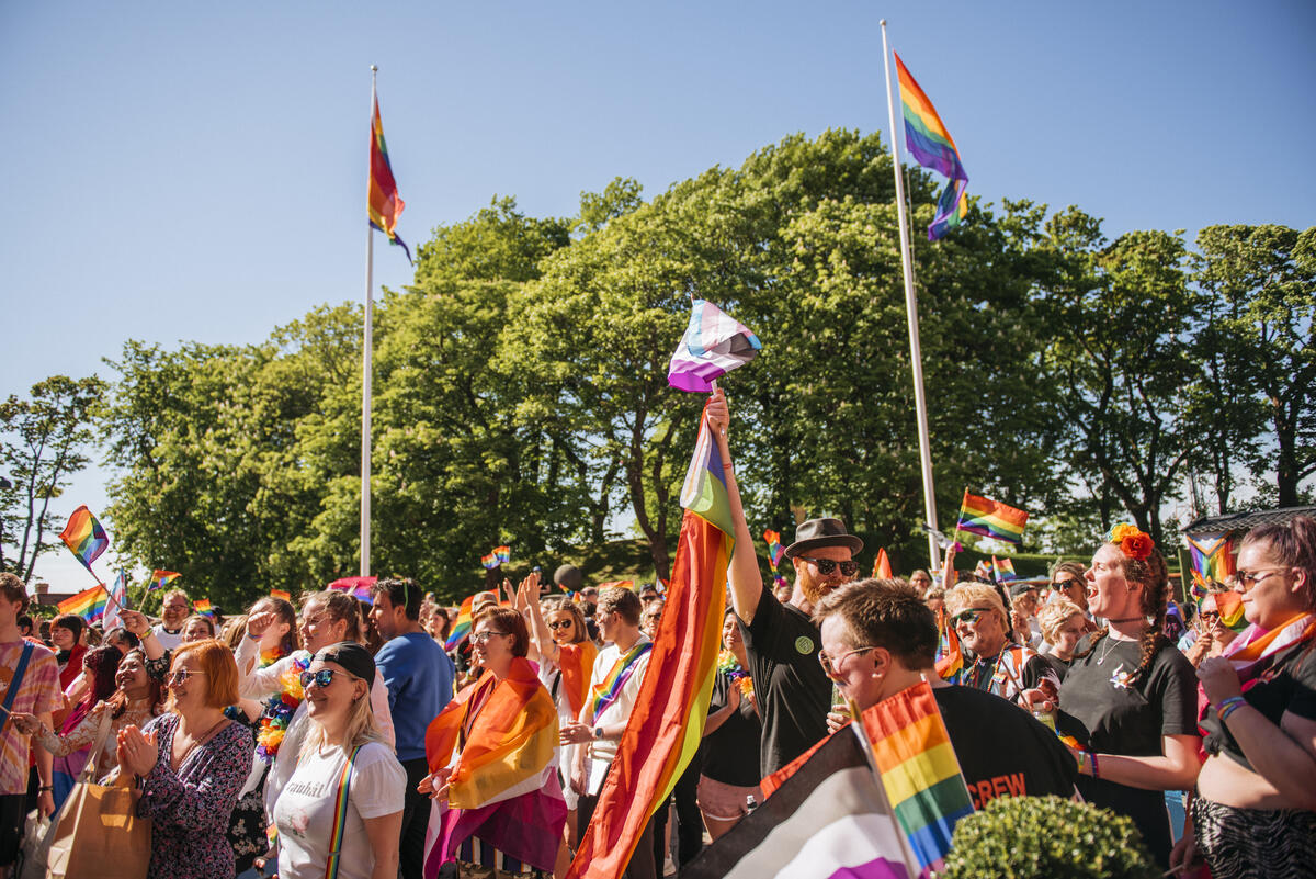 Mange mennesker går i PRIDE-parade. Vi ser PRIDE-flagg. Det er sommer og sol