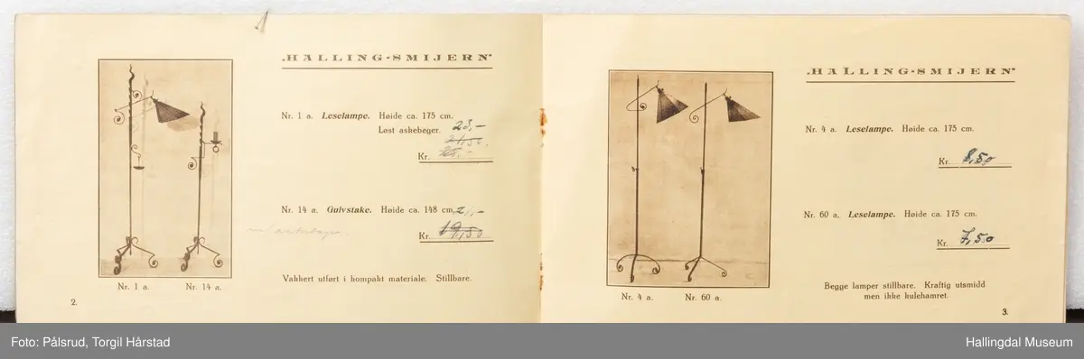 Salgskatalog/priskatalig for produkter laget av Kunstsmed Gunnar Gunnarson fra Hol i Hallingdal. Hefte med to metallstifter i ryggen. En liten katalog med 9 sider.