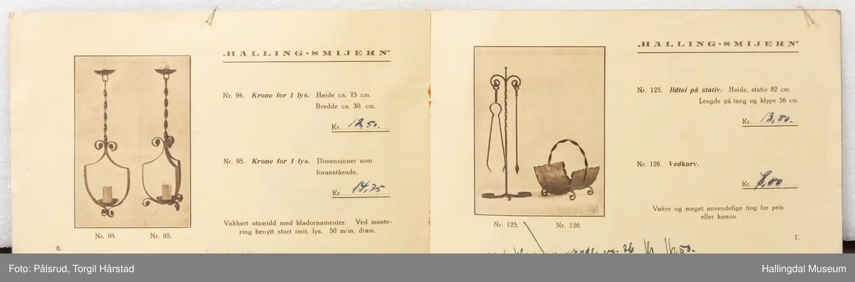 Salgskatalog/priskatalig for produkter laget av Kunstsmed Gunnar Gunnarson fra Hol i Hallingdal. Hefte med to metallstifter i ryggen. En liten katalog med 9 sider.