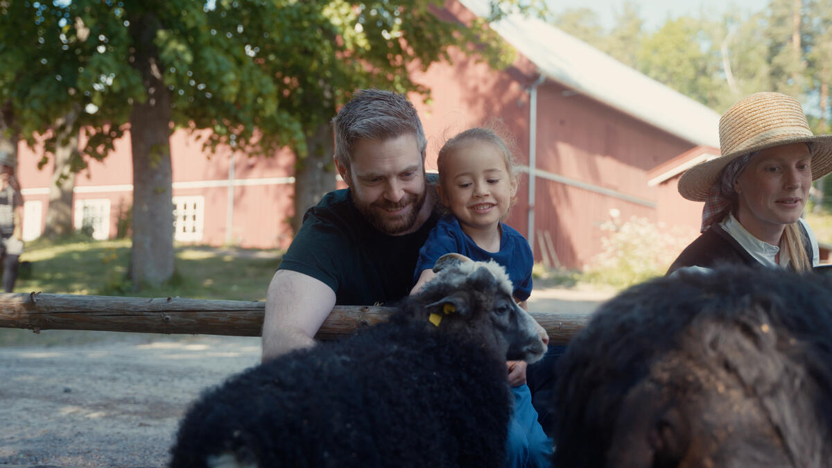 En voksen og to barn som hilser på en sau bak et tregjerde i de grønne engene i friluftsmuseet på Norsk Folkemuseum.