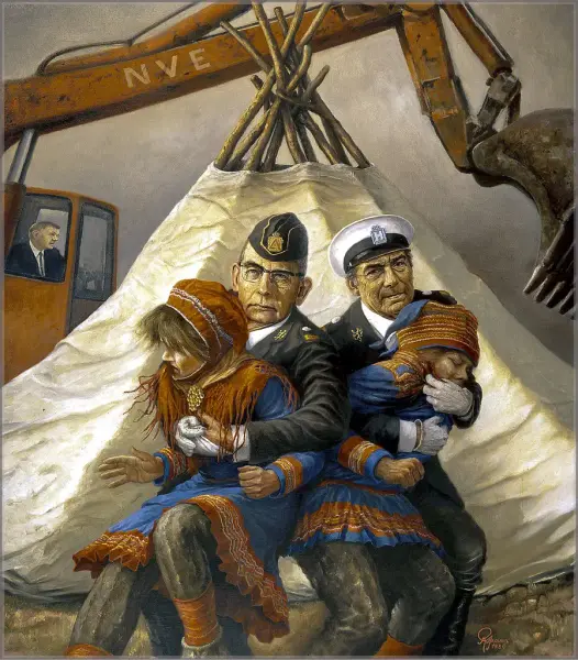 Maleri av to politimenn som holder fast hver sin samiske jente foran en lavvo, mens man ser en gravemaskin i bakgrunnen som er i ferd med å ødelegge. Jentene prøver å komme seg bort men politimennene ser bestemt rett på oss.