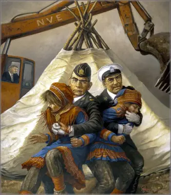 Maleri av to politimenn som holder fast hver sin samiske jente foran en lavvo, mens man ser en gravemaskin i bakgrunnen som er i ferd med å ødelegge. Jentene prøver å komme seg bort men politimennene ser bestemt rett på oss.