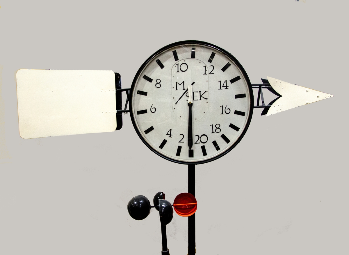 Vindmätare, tillverkad i svart metall med vitmålad vindpekare. Vit urtavala som visar vindhastigheten i meter per sekund. Skålkorsanemometer i svart metall, orangeröda kåpor invändigt
