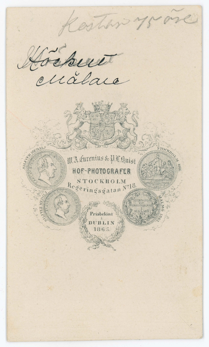 Porträtt på Johan Fredrik Höckert. Målare, professor vid konstakademin. Född 26 augusti år 1826. Död 16 september år 1866.