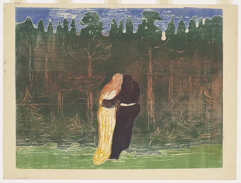 Maleri av Edvard Munch, Mot skogen. Vi ser et par bakfra som holder rundt hverandre. De ser mot en tett skog.