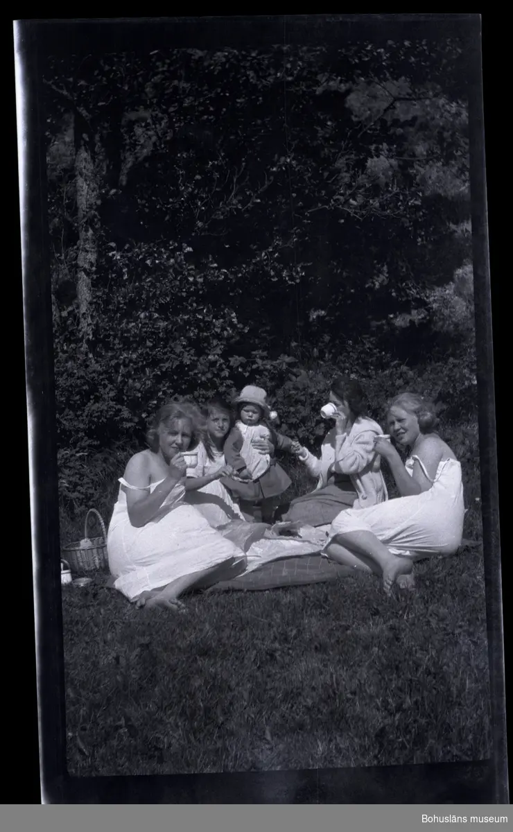 Fem personer på picknick.