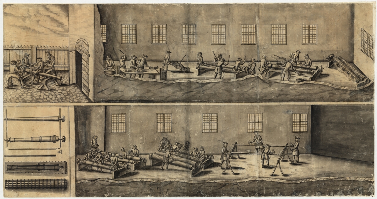 Tuschlavering av Daniel Grundell, i brunmålad träram.

Kanontillverkning. I två långa bildföljder visas en serie av handgrepp och procedurer vid tillverkning av gjutformar och färdiggjutna kanonrör.