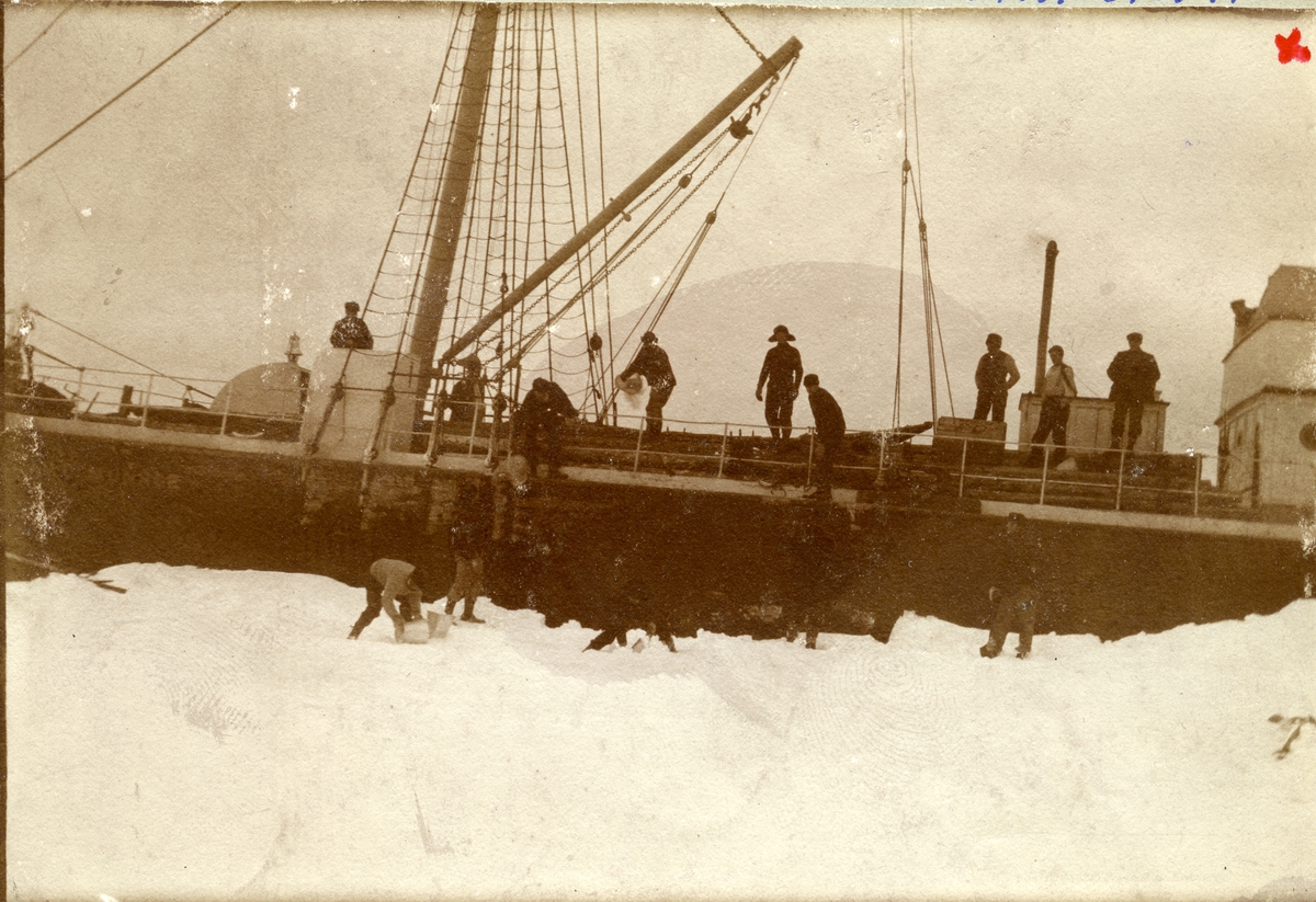 D/S William D. Munroe ved iskanten utenfor Longyearbyen.Folk ombord og på isen.  Båten var eid av Arctic Coal Co.(Ayer & Longyear). Senere en kort tid  av Carl. S Sæther. Fra Carl S Sæthers album. Sæther arbeidet både for ACC, Store Norske og The Northern Exploration Company Ltd.