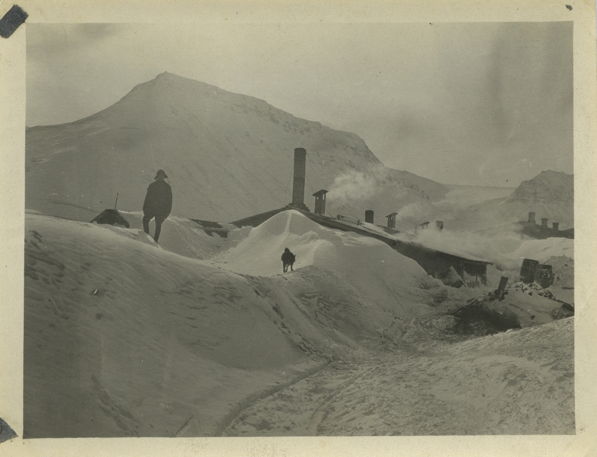 Mann og hund på snødekte tak. Snømengden i Longyear City 01.05.1918.