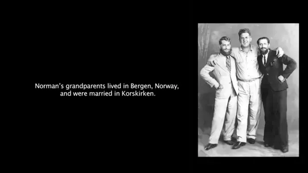  between coasts. Gammelt foto av tre unge karer i helfigur i fotostudio, To med lyse dresser, og en med mørk derss.