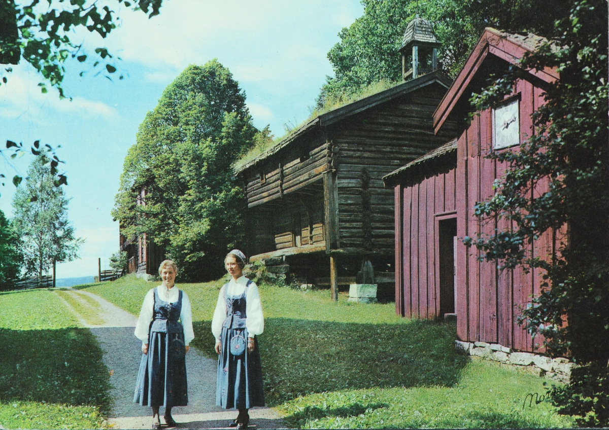 Postkort, Hamar, Hedmarkstunet, 2 kvinner i Hedmarksbunad foran Løkenstabburet, modellene er søstrene Sidsel Alhaug og Eli Kerstin Alhaug, Hedmarksmuseet og Domkirkeodden, folkemuseum, friluftsmuseum,